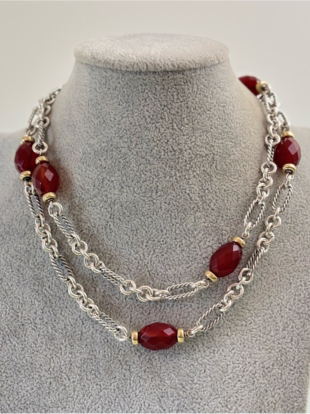 David Yurman 925 & 18k Gold Bijoux Station Necklace with Carnelian 34"
